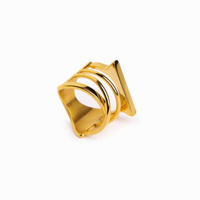 haute ring plated in 18k gold; luxurious jewelry piece; elegant and sophisticated design; perfect for special occasions; ideal gift for loved ones; timeless addition to any jewelry collection; crafted with high-quality materials; versatile accessory for daily wear; enhances both casual and formal outfits; symbolizes luxury and style; lightweight and comfortable for all-day wear; showcases exquisite craftsmanship; chic statement piece for fashion enthusiasts; perfect for stacking with other rings; 