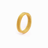 motion mesh ring; 18k gold plated ring; gold mesh design; elegant mesh ring; luxury mesh jewelry; modern gold accessory; unique mesh pattern; stylish and bold; fashion-forward gold ring; high-quality craftsmanship; mesh texture ring; perfect for layering; statement mesh jewelry; trendy gold mesh ring; lightweight and comfortable; versatile and chic; gold-plated mesh ring; handcrafted jewelry; intricate mesh design; contemporary fashion piece;