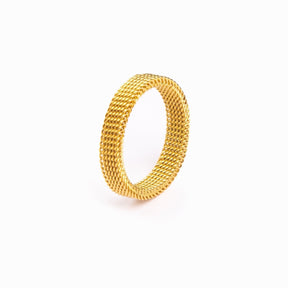 motion mesh ring; 18k gold plated ring; gold mesh design; elegant mesh ring; luxury mesh jewelry; modern gold accessory; unique mesh pattern; stylish and bold; fashion-forward gold ring; high-quality craftsmanship; mesh texture ring; perfect for layering; statement mesh jewelry; trendy gold mesh ring; lightweight and comfortable; versatile and chic; gold-plated mesh ring; handcrafted jewelry; intricate mesh design; contemporary fashion piece;