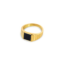 noir ring; 18k gold-plated ring; elegant noir design; sophisticated black ring; luxurious gold jewelry; modern fashion statement; bold and stylish accessory; high-quality craftsmanship; unique design; perfect for everyday wear; chic and contemporary; versatile ring for all occasions; striking black and gold contrast; comfortable fit; ideal gift for her; exquisite gold-plated piece; timeless elegance; statement piece; radiant shine; durable gold plating; 