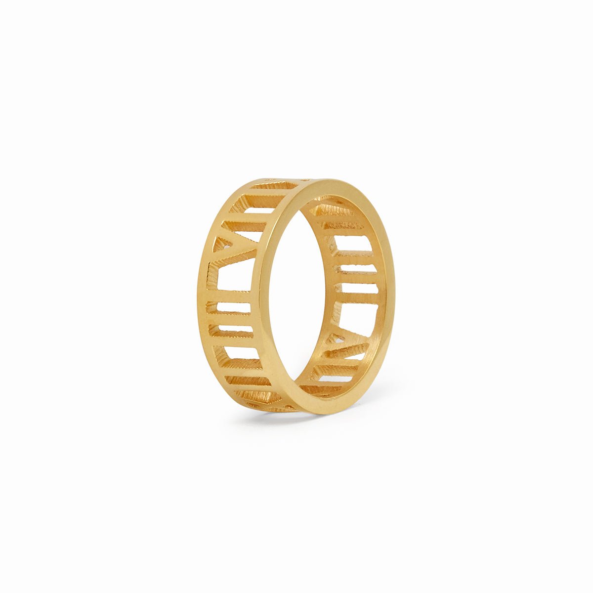 roman numeral ring; 18k gold plated jewelry; timeless design ring; elegant statement piece; classic gold accessory; high-quality craftsmanship; unique gift for her; versatile fashion ring; sophisticated gold finish; minimalist style; luxurious appearance; meaningful design; adjustable fit; perfect for any occasion; stylish and trendy; eye-catching numeral details; chic and elegant; handmade quality; fashionable gold ring; perfect for layering; trendy gold accessory; everyday elegance; unique gift idea; 