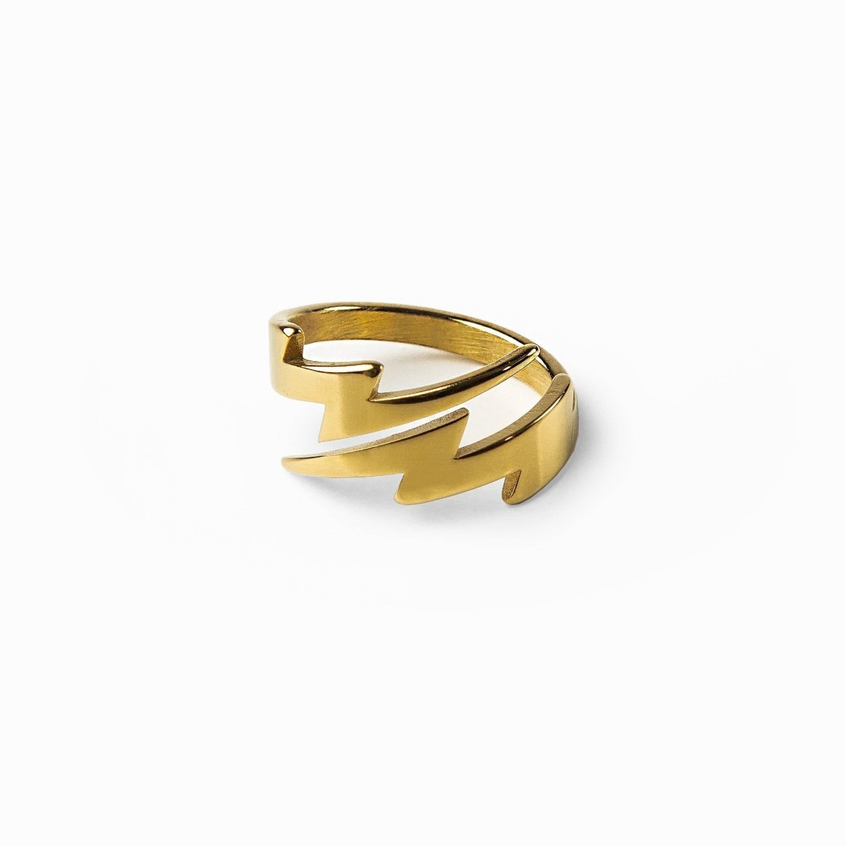 lightning ring design; 18k gold plated jewelry; striking and bold accessory; perfect for unique style; inspired by nature's power; adds a touch of edginess; ideal for everyday wear; great gift for fashion lovers; handcrafted with attention to detail; lightweight and comfortable fit; enhances any outfit; statement piece for special occasions; symbolizes strength and energy; versatile for stacking rings; modern and chic design; durable and long-lasting finish; complements casual and formal looks;