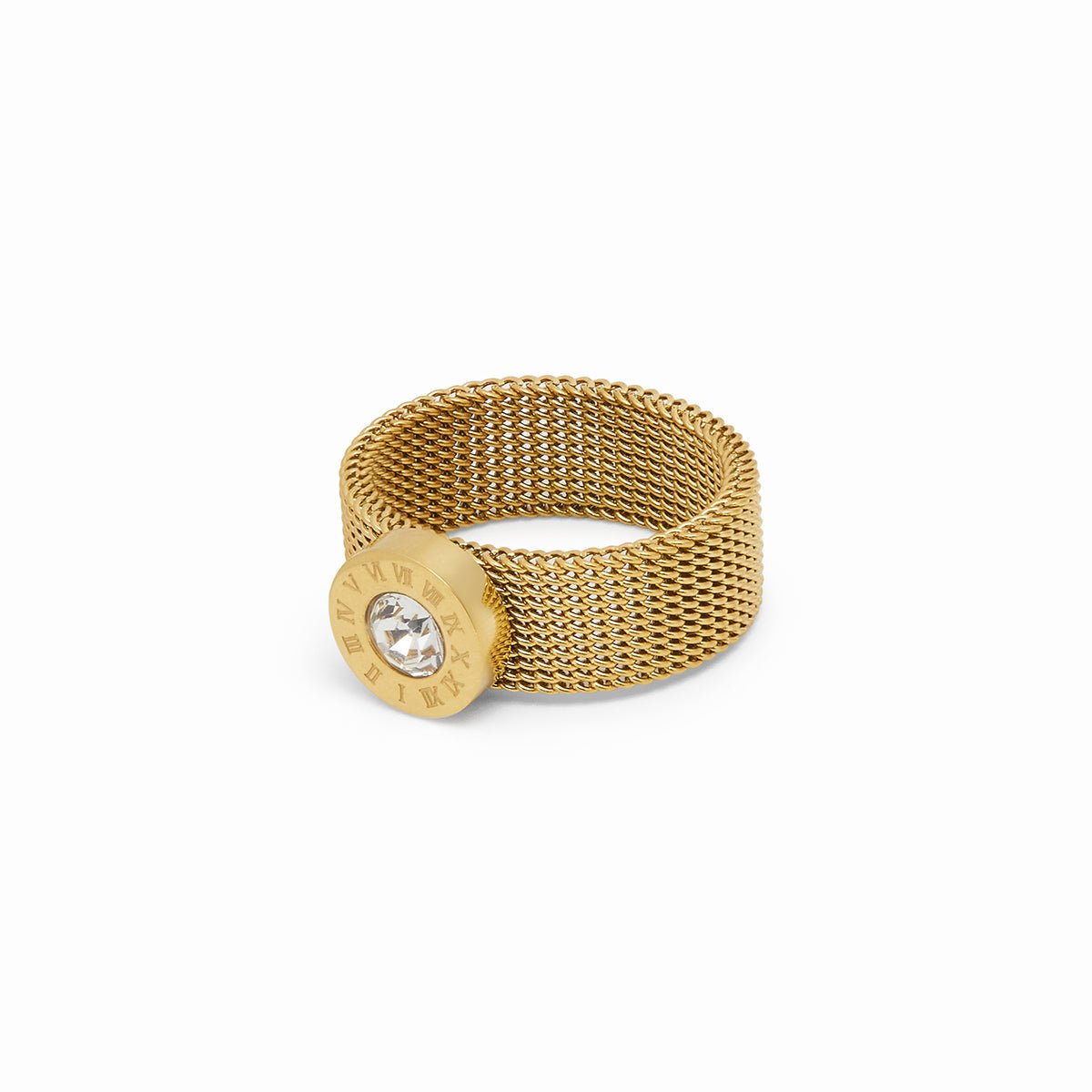 roman mesh ring; 18k gold plated jewelry; unique mesh design; elegant gold ring; sophisticated fashion accessory; perfect for stacking; luxurious and stylish; quality craftsmanship; lightweight and comfortable; trendy gold jewelry; versatile design for any occasion; eye-catching mesh pattern; statement ring; handcrafted elegance; modern gold accessory; timeless piece; durable and long-lasting; ideal gift for her; enhance your outfit;