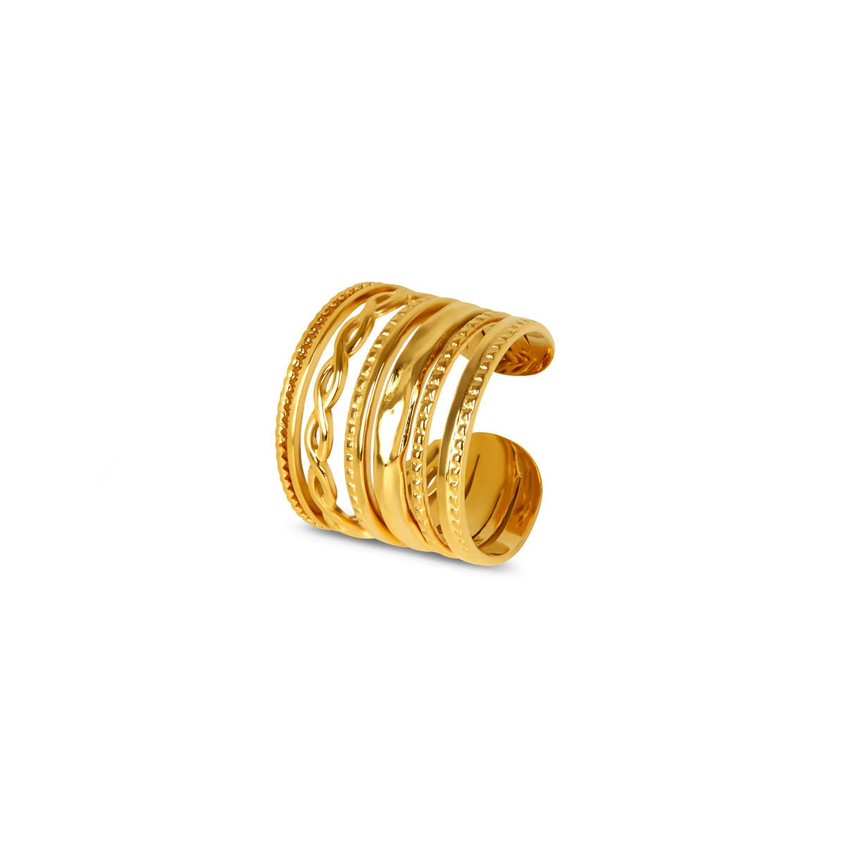 Adjustable Royale ring; elegant 18k gold plating; luxurious design for every occasion; perfect for stacking with other rings; versatile fit for all finger sizes; timeless piece for modern jewelry lovers; ideal for both casual and formal wear; a statement of sophistication; handcrafted with attention to detail; a thoughtful gift for special moments; complements any jewelry collection; combines classic style with contemporary flair; adjustable comfort for daily wear; enhances your personal style; 