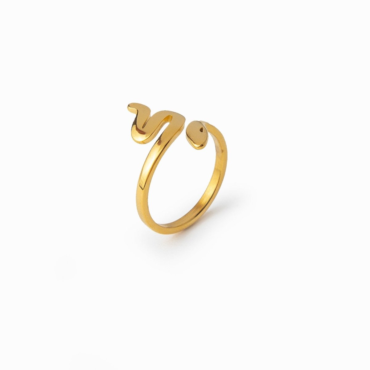 snake ring; 18k gold-plated jewelry; elegant serpent design; stylish snake motif; unique fashion accessory; luxurious gold finish; trendy snake-inspired ring; comfortable and adjustable fit; perfect gift for her; bold statement piece; high-quality craftsmanship; intricate detailing; fashionable and chic; versatile ring for any occasion; eye-catching snake design; luxury fashion jewelry; exquisite gold-plated piece; modern and edgy style; captivating serpent ring; 
