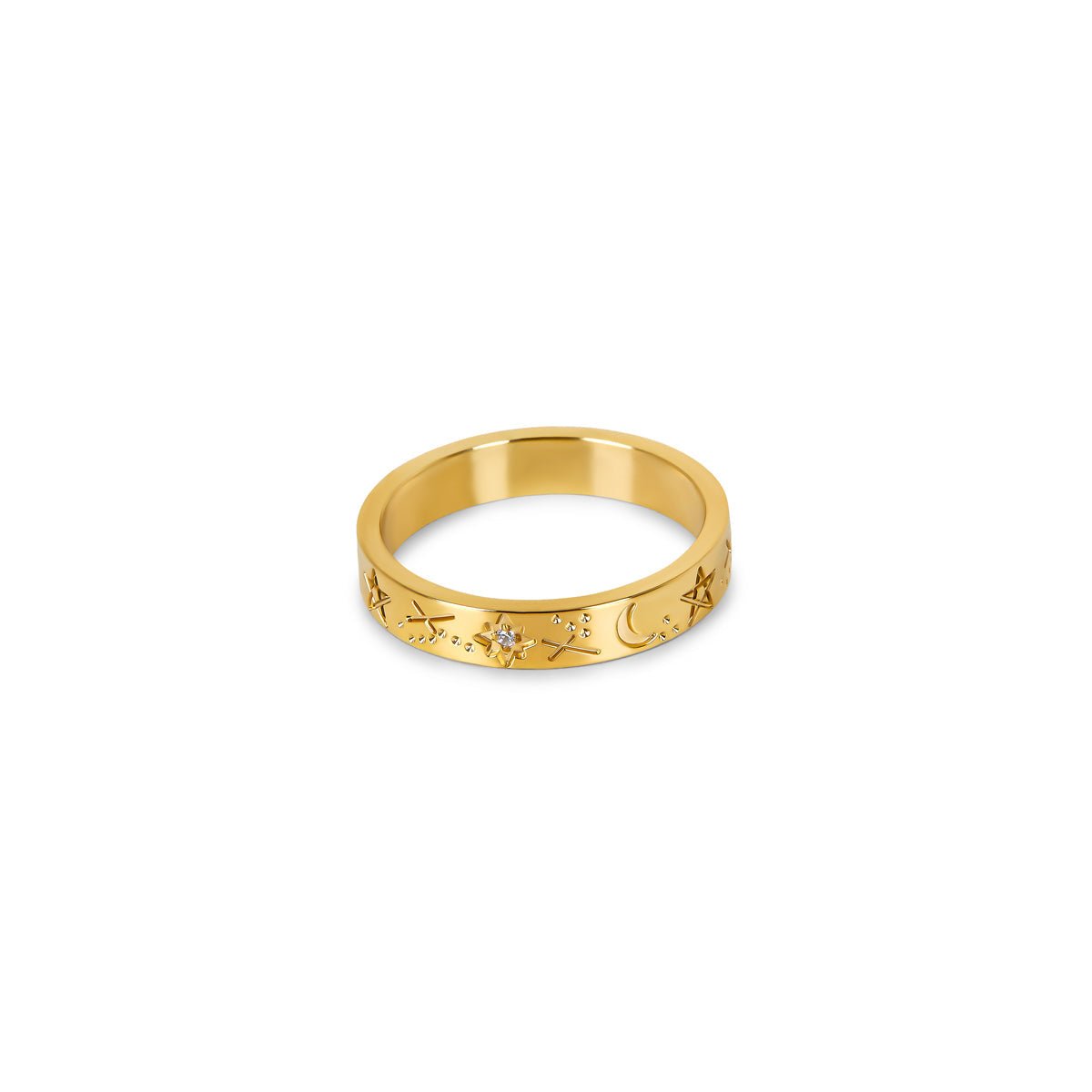 sky ring; 18k gold plated jewelry; celestial design ring; elegant fashion accessory; high-quality craftsmanship; unique gift for her; minimalist gold ring; sophisticated style; dreamy aesthetic; luxurious appearance; adjustable fit; versatile everyday wear; perfect for layering; stylish statement piece; ethereal gold finish; trendy jewelry; fashionable gold accessory; timeless elegance; unique gift idea; chic and modern; essential addition to any jewelry collection; radiant shine; fine jewelry piece; 