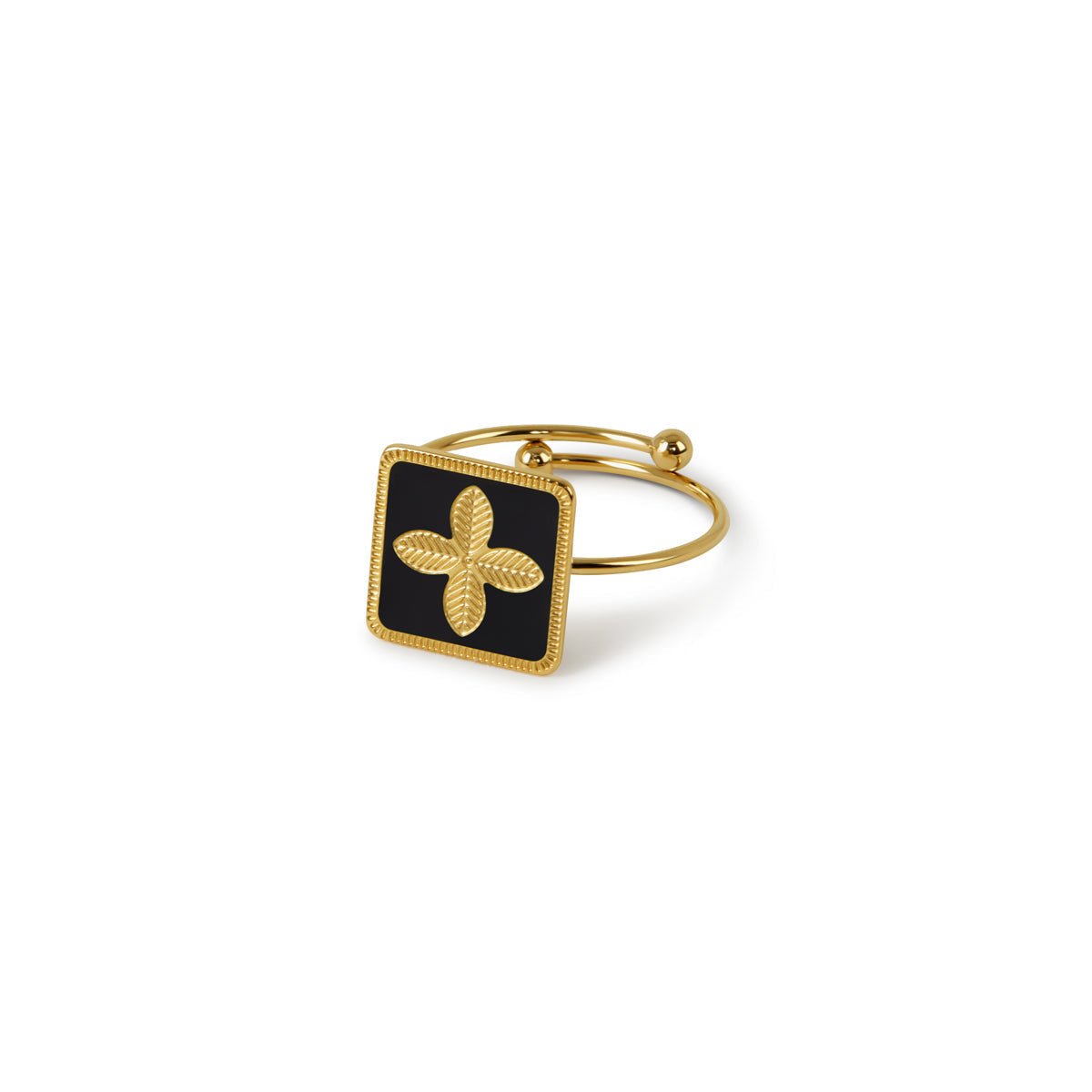 adjustable black clover ring; 18k gold plated jewelry; unique clover design; versatile ring; stylish adjustable fit; modern elegance; perfect for stacking; black enamel accents; lucky charm accessory; high-quality craftsmanship; fashion statement piece; durable gold plating; lightweight and comfortable; trendy and chic; perfect gift for her; sophisticated style; radiant gold shine; exquisite detail; classic and contemporary; must-have accessory; 