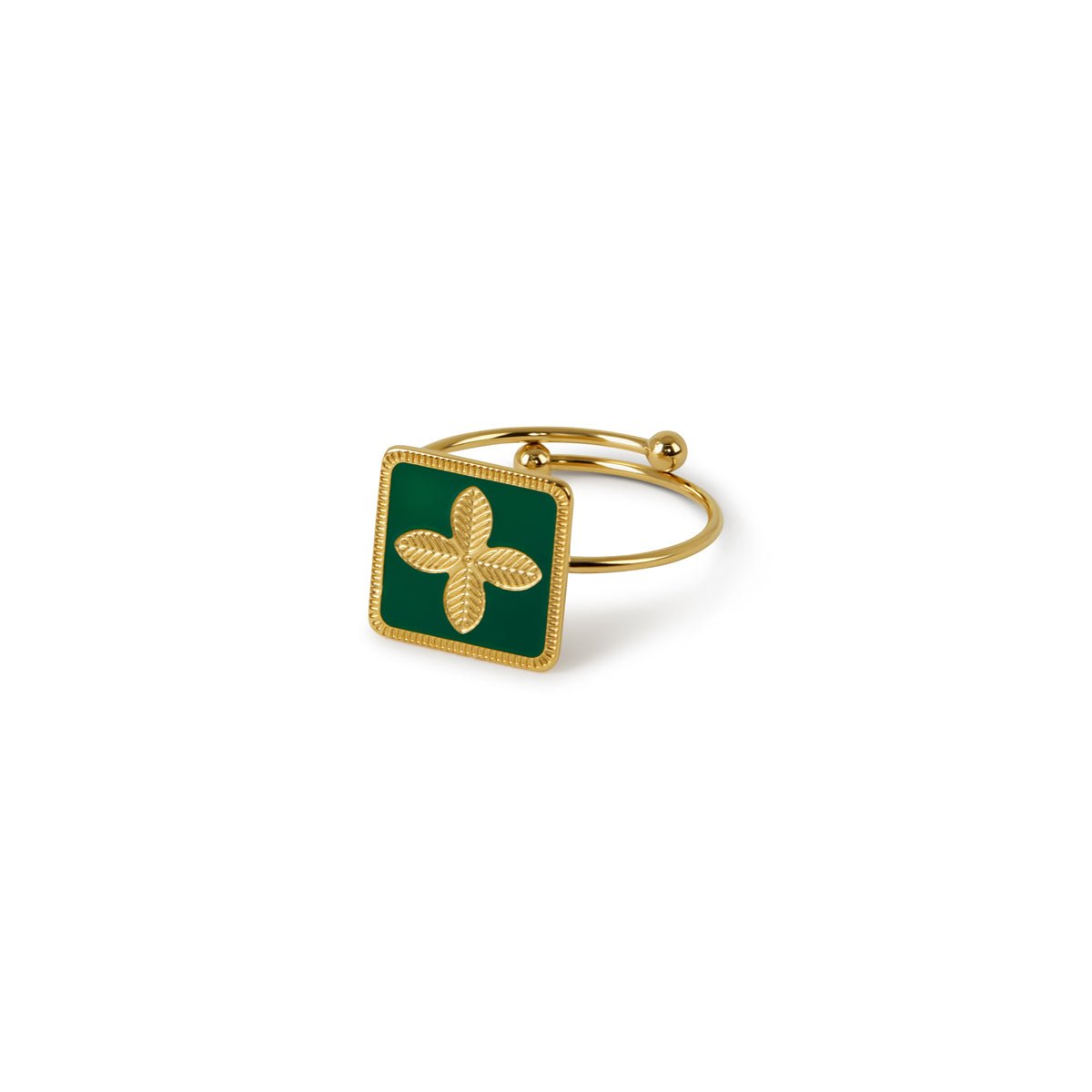 adjustable green clover ring; 18k gold plated jewelry; lucky charm accessory; elegant and stylish; perfect for everyday wear; symbolizes good luck; handcrafted with care; unique gift for her; versatile and trendy; beautiful green hue; customizable fit for all sizes; fashionable and meaningful; enhances any outfit; ideal for stacking rings; lightweight and comfortable; exquisite gold finish; perfect for special occasions; charming addition to your jewelry collection; great gift for birthdays; 