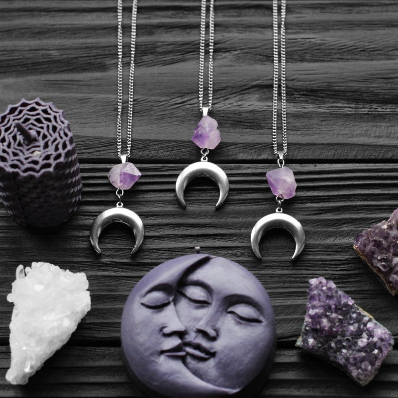 Intuition necklace with amethyst moon; Natural stone amethyst necklace; Enhances intuition and spiritual insight; Beautifully crafted amethyst jewelry; Symbol of peace and tranquility; Perfect gift for spiritual seekers; Amethyst stone for healing and balance; Unique design featuring a moon pendant; Ethically sourced natural stones; Lightweight and comfortable for everyday wear; Ideal for layering with other necklaces; Represents inner wisdom and clarity;