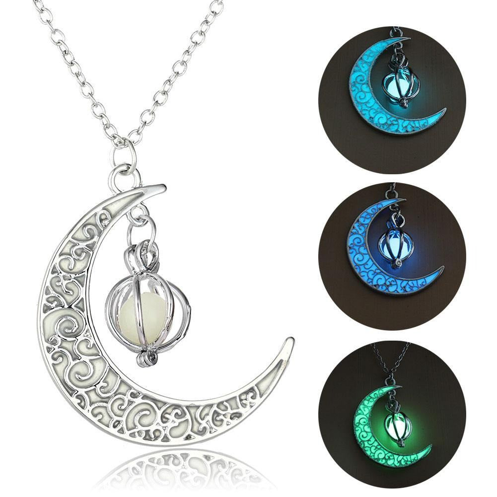 Luminous moon pendant necklace; Glows in the dark jewelry; Moon-inspired glowing necklace; Unique celestial necklace design; Captures the magic of the night sky; Perfect gift for moon lovers; Ethereal glow in the dark pendant; Handcrafted luminous jewelry; Stylish accessory for day or night; Symbol of mystery and elegance; Adds a touch of celestial beauty;