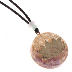 Orgonite lotus flower necklace; Handcrafted spiritual jewelry; Unique design symbolizing purity and enlightenment; Artisan-crafted accessory; Ethically sourced materials; Gift for those seeking peace and spiritual growth; Stylish and meaningful for everyday wear; Durable and fashionable; Beautifully detailed lotus flower for spiritual connection; Unique spiritual gift; Necklace for enhancing positive energy and protection; Natural elements for emotional healing and balance;